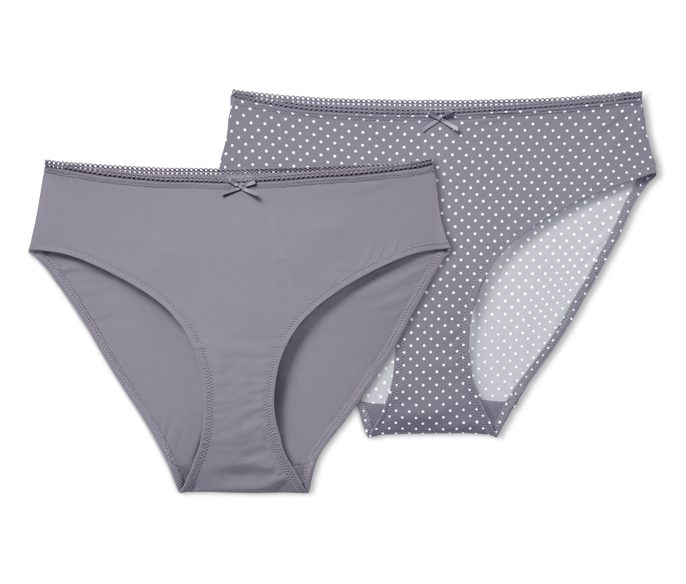 Zwei Slips: ein grauer und ein grauer mit weißen Punkten.
