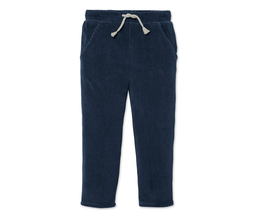 Eine dunkelblaue Nicki-Hose mit Kordelzug in der Taille.