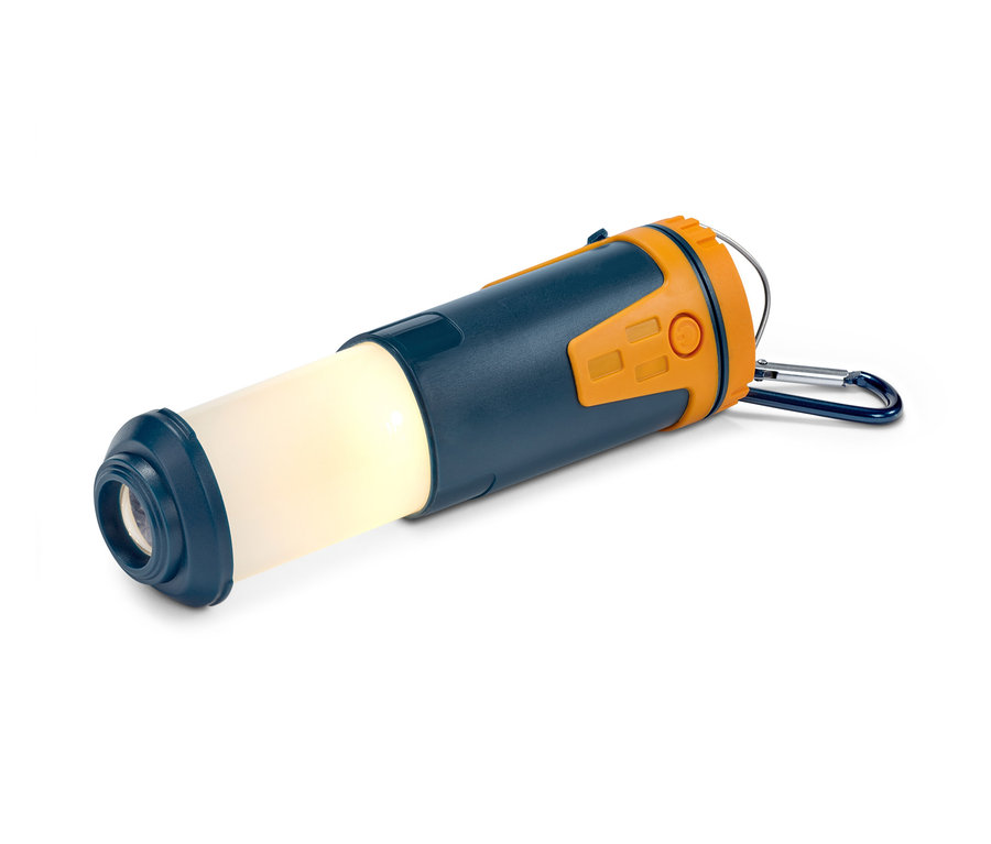 Eine blau-orangefarbene Teleskop-Camping-Leuchte mit einem silbernen Karabiner.