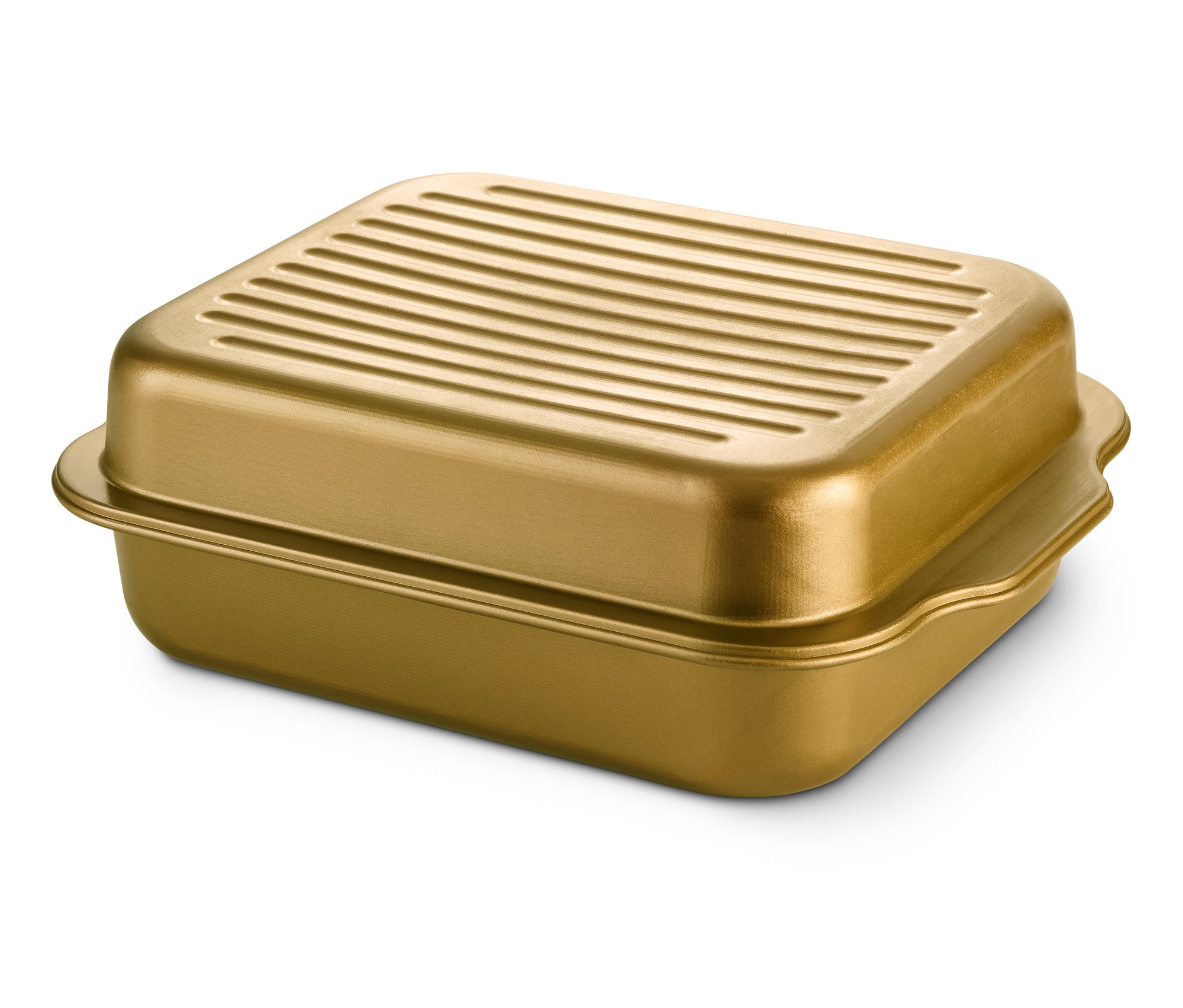 Detailaufnahme von einem goldenen XL-Edelstahl-Bräter mit Deckel.