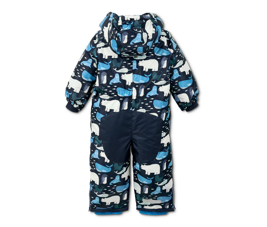 Dunkelblauer Schneeanzug aus recyceltem Material mit Tiermuster.