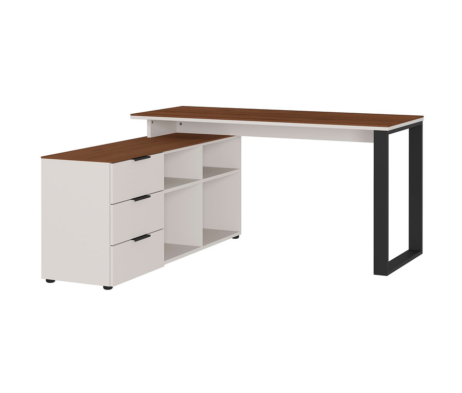 Winkelkombination »Ancona« mit weißem Rahmen, brauner Tischplatte und schwarzen Beinen.