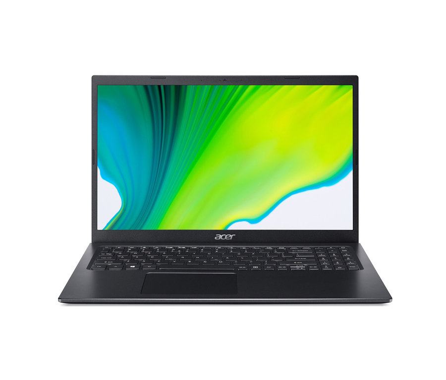 Ein schwarzes Acer Aspire Notebook mit einem farbenfrohen Bildschirm.