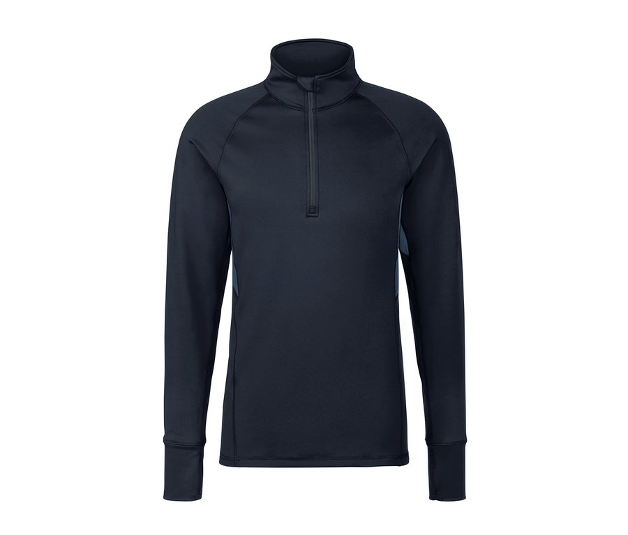 Dunkelblaues Thermo-Funktionsshirt mit langen Ärmeln und Reissverschluss am Hals.