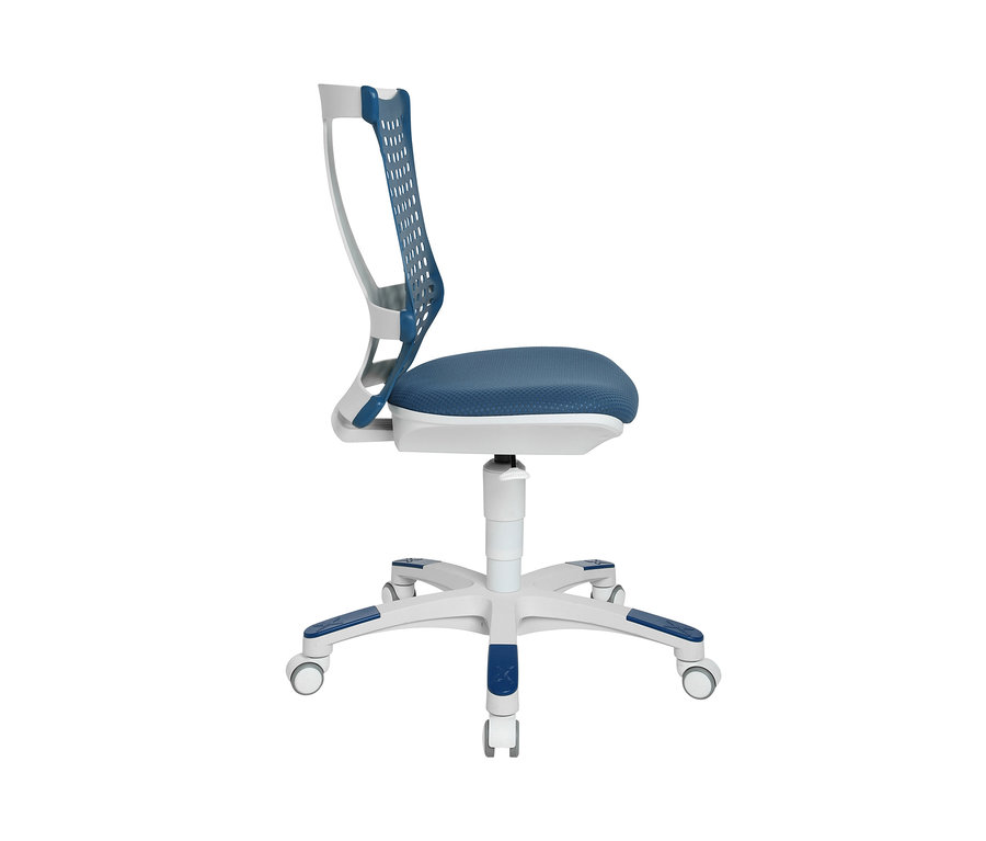 Detailansicht von der Seite eines blauen und weißen Topstar Sitness X Chair 20 Kinderschreibtischstuhls.