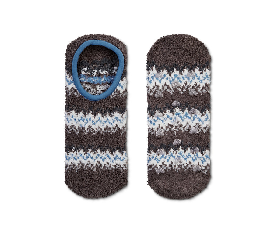 Zwei Paar Hausschuhsocken mit braunem, blauem und weißem Muster.