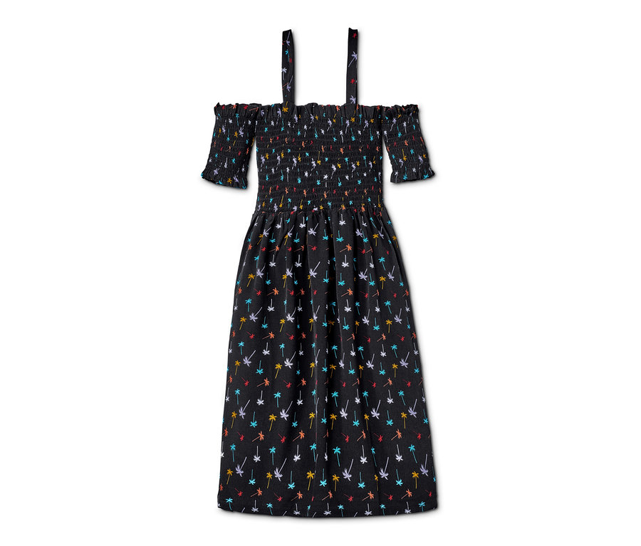 Schwarzes Off-Shoulder-Kleid mit Palmenmuster.