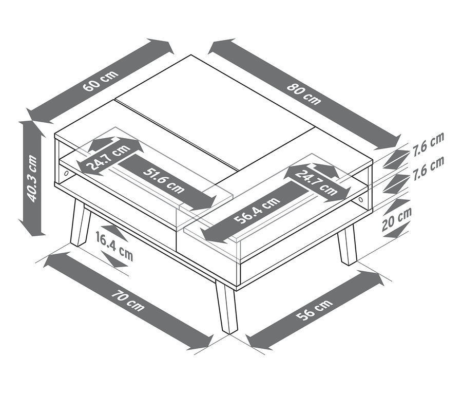 Diagramm eines Couchtisches mit aufklappbarer Tischplatte und bemaßten Abmessungen.