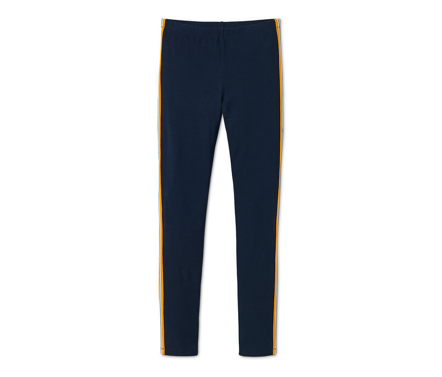 Dunkelblaue Leggings mit orangefarbenen Streifen an den Seiten, 2 Stück.