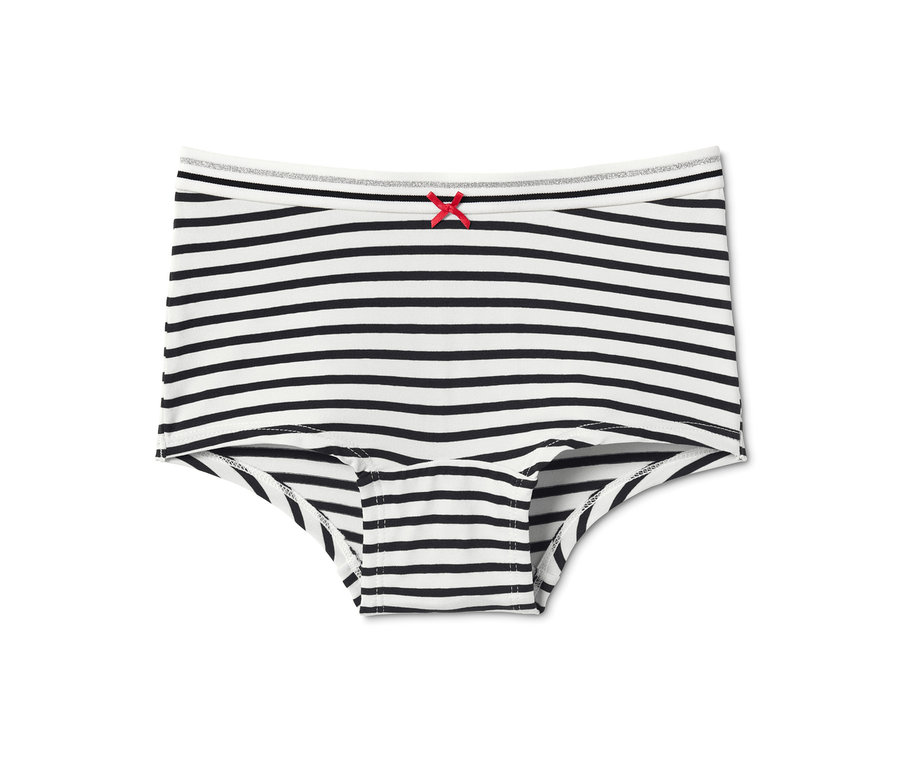 Eine von drei Mädchen-Pantys mit schwarz-weissen Streifen und roter Schleife.