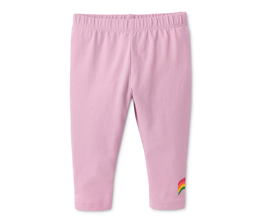 Helllila Jersey-Leggings aus Bio-Baumwolle mit Regenbogen am Bein.