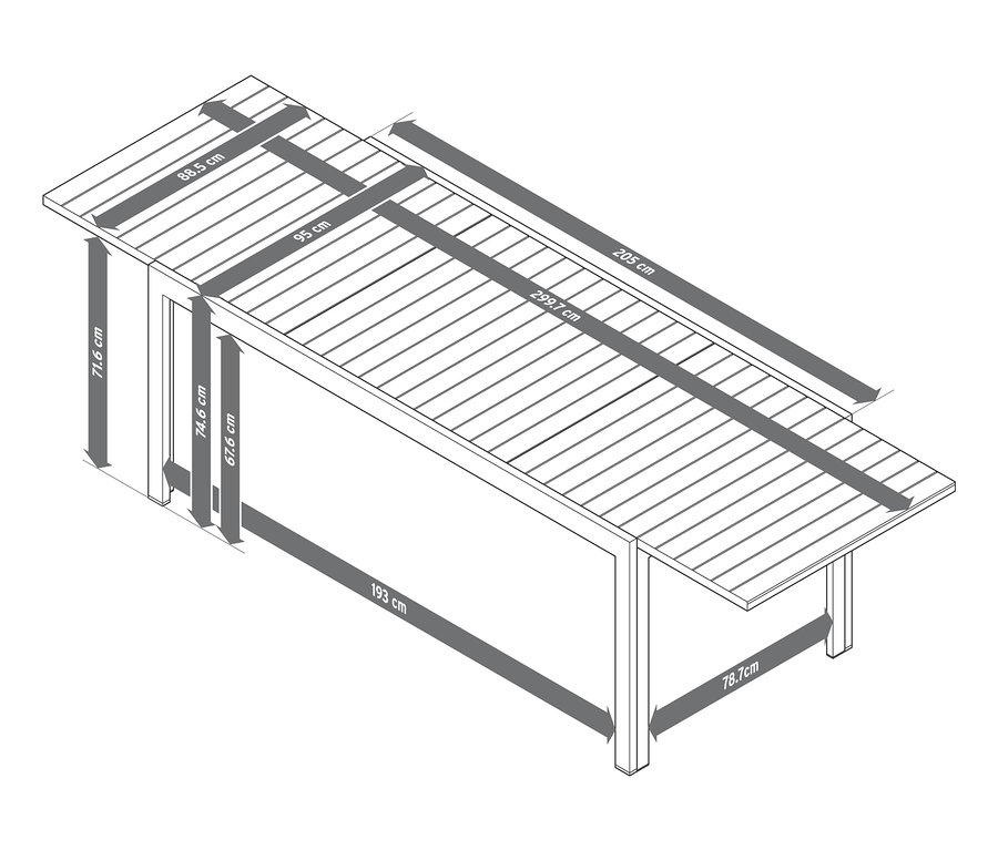 Illustration eines Ausziehtischs »Liska« aus leichtem Aluminium mit hervorgehobenen Abmessungen.