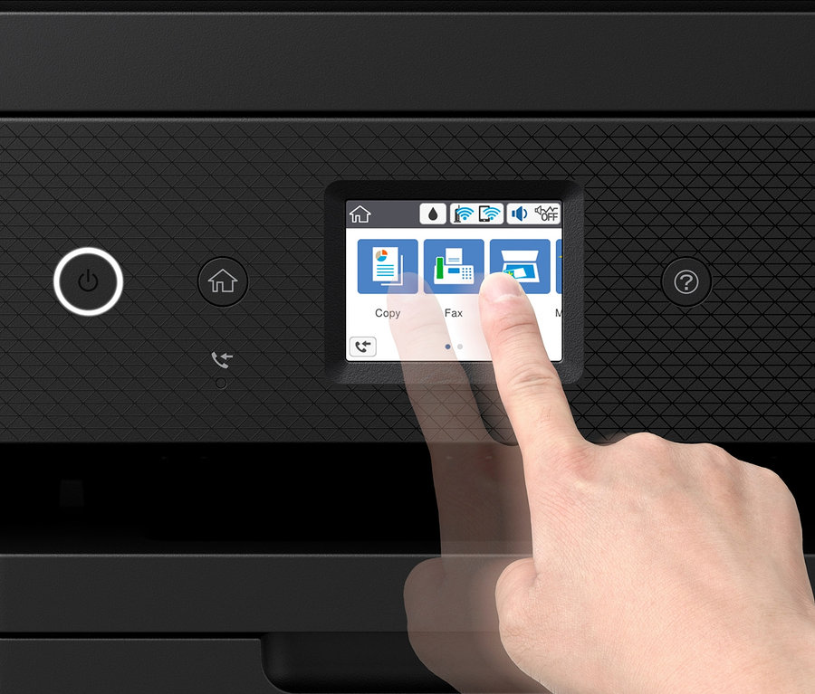 Ein Finger berührt den Bildschirm des schwarzen Epson Multifunktionsdruckers EcoTank ET-4850.