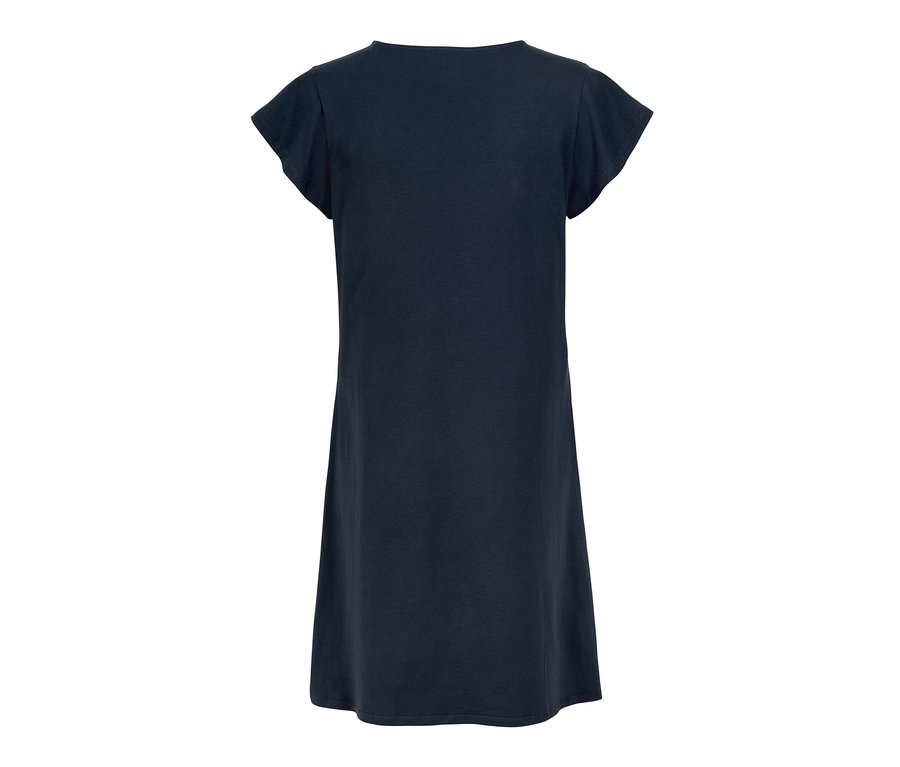 Dunkelblaues Jerseykleid mit Lochstickerei.