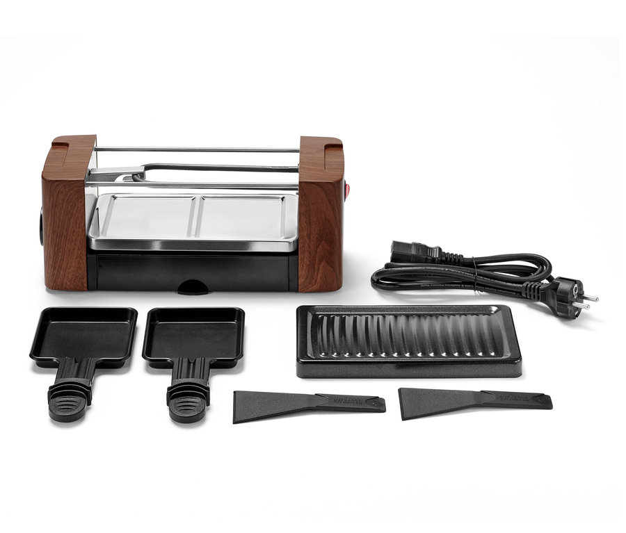 Auf einem weißen Hintergrund befindet sich ein Raclette für 2 Personen mit Zubehör.
