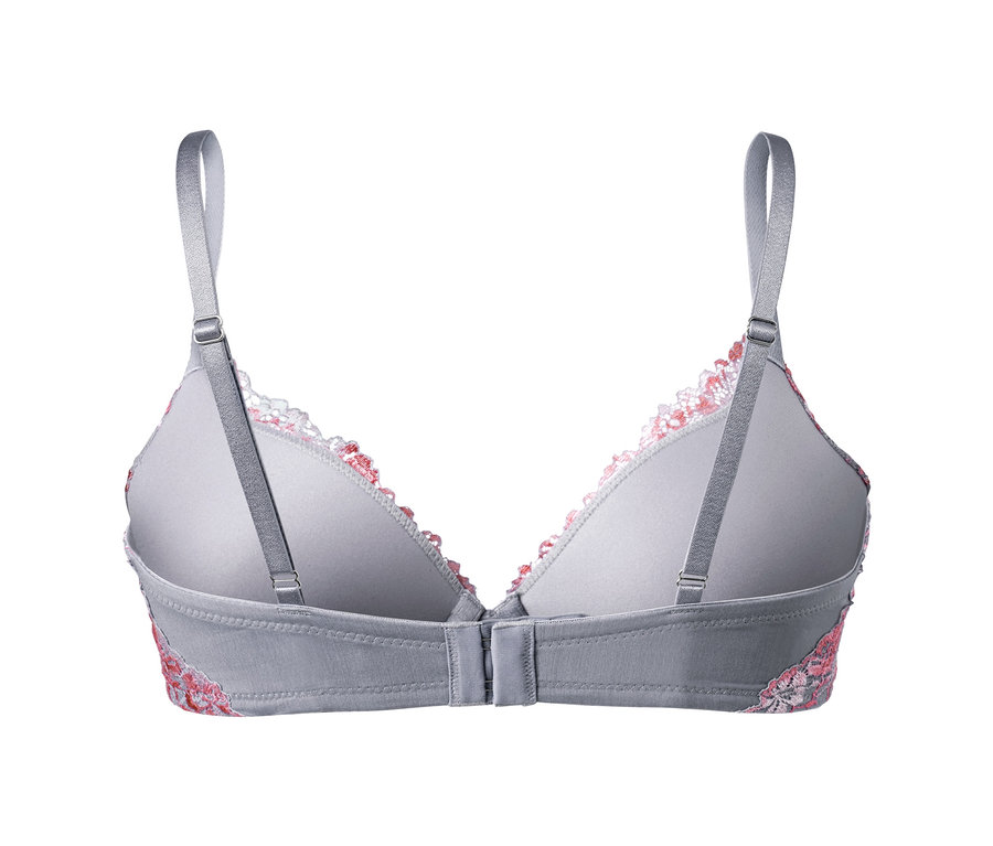 Grauer Schalen-BH mit rosa Spitze, Rückansicht.