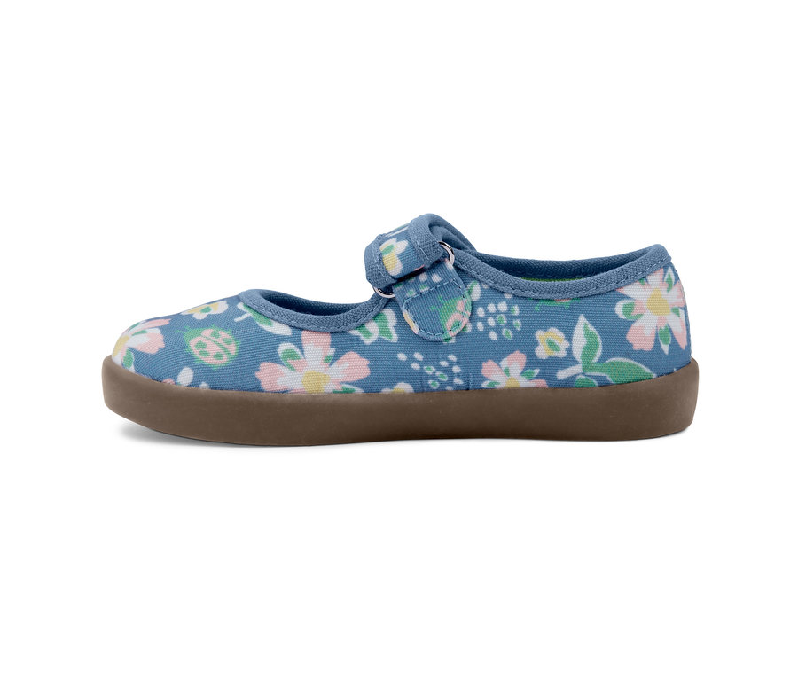 Blaue Klett-Ballerinas mit Blumenmuster.