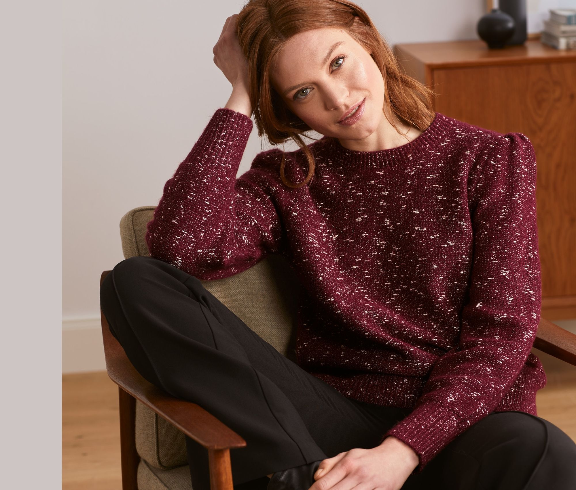 Thumbnail - Tchibo - Grobstrickpullover mit Glitzergarn - Damen - Gr. XL - dunkelrot