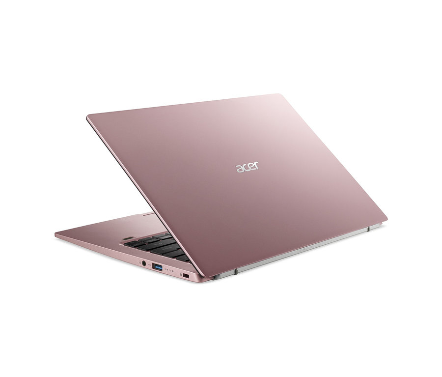 Nahaufnahme eines geöffneten, pinkfarbenen Acer Swift 1 Notebooks.