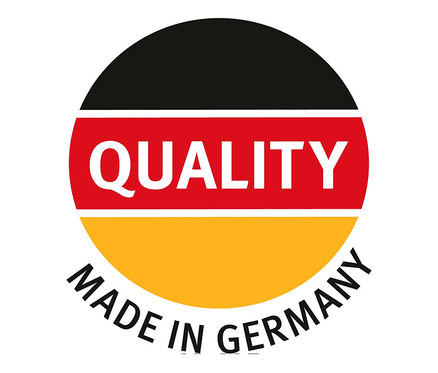 Runde Grafik in den Farben der deutschen Flagge mit dem Text "QUALITY MADE IN GERMANY".
