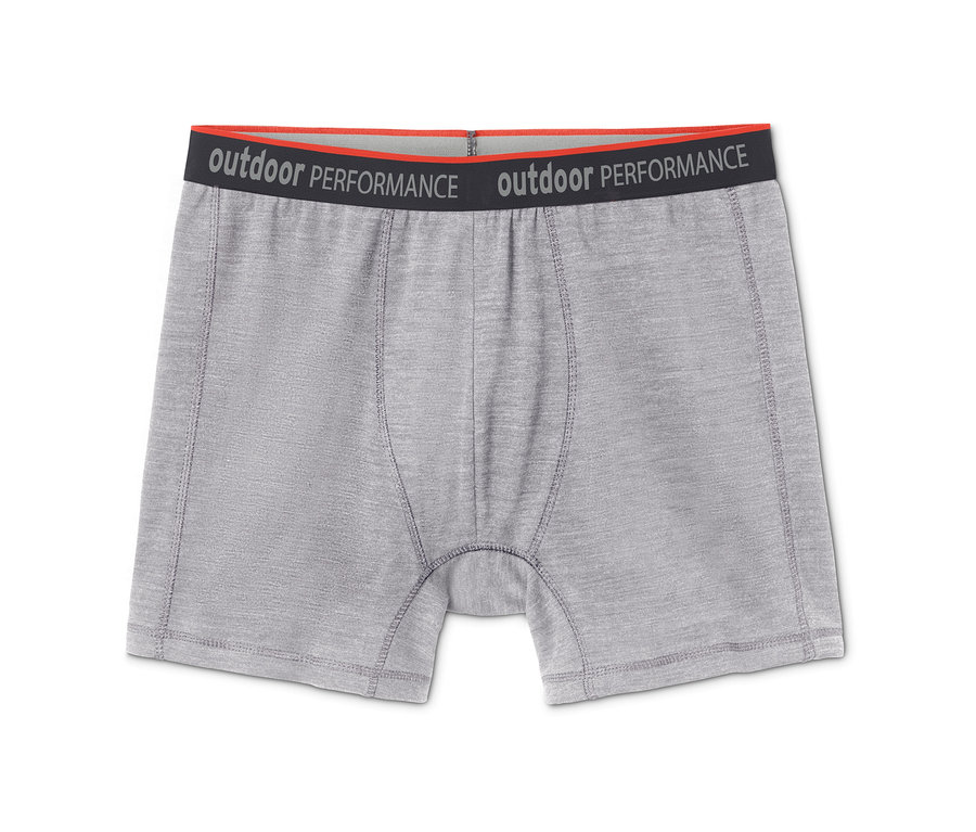 Graue 2 Slipboxer mit RWS-Wolle mit schwarzem Bund und Aufschrift Outdoor Performance.