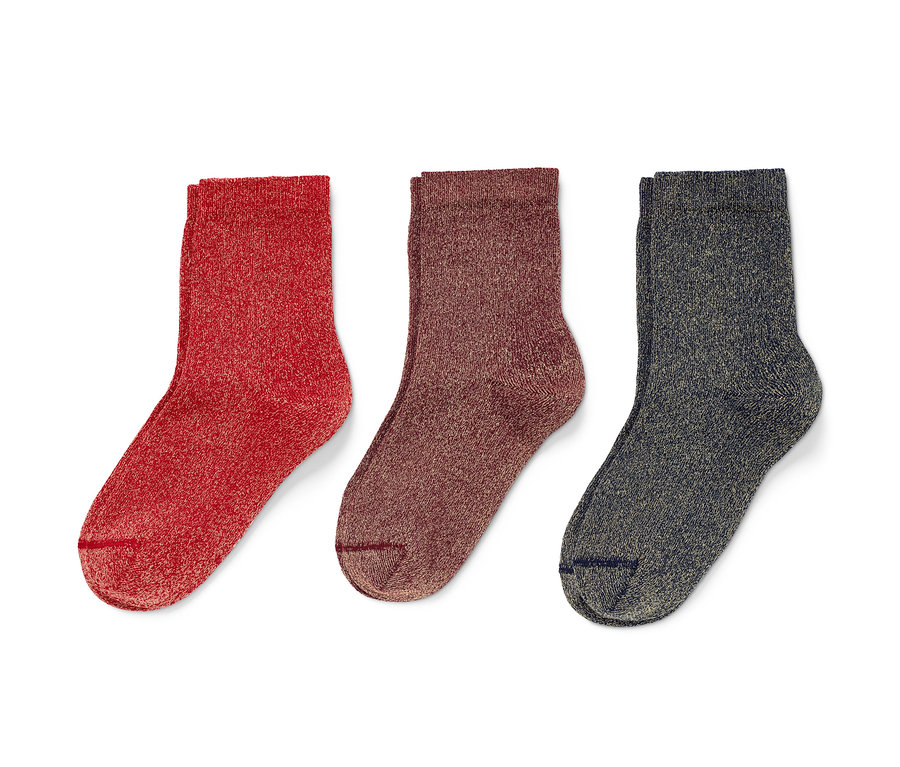 Drei Paar Kinder-Glitzersocken in Rot, Braun und Grau.