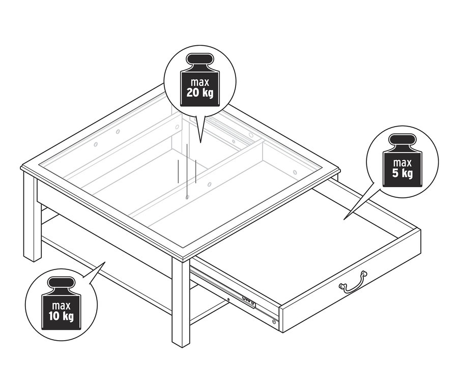 Illustration eines Couchtischs mit Glasplatte, maximale Belastung 20 kg auf der Platte, 10 kg auf dem Regal und 5 kg in der Schublade.