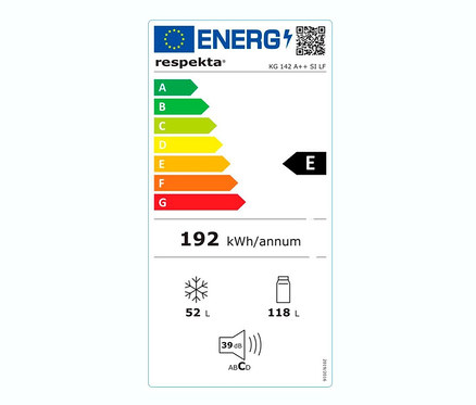 Energielabel der Respekta®-Kühl-Gefrierkombination »KG142A++SILF«, E (von A bis G), 170 Liter.
