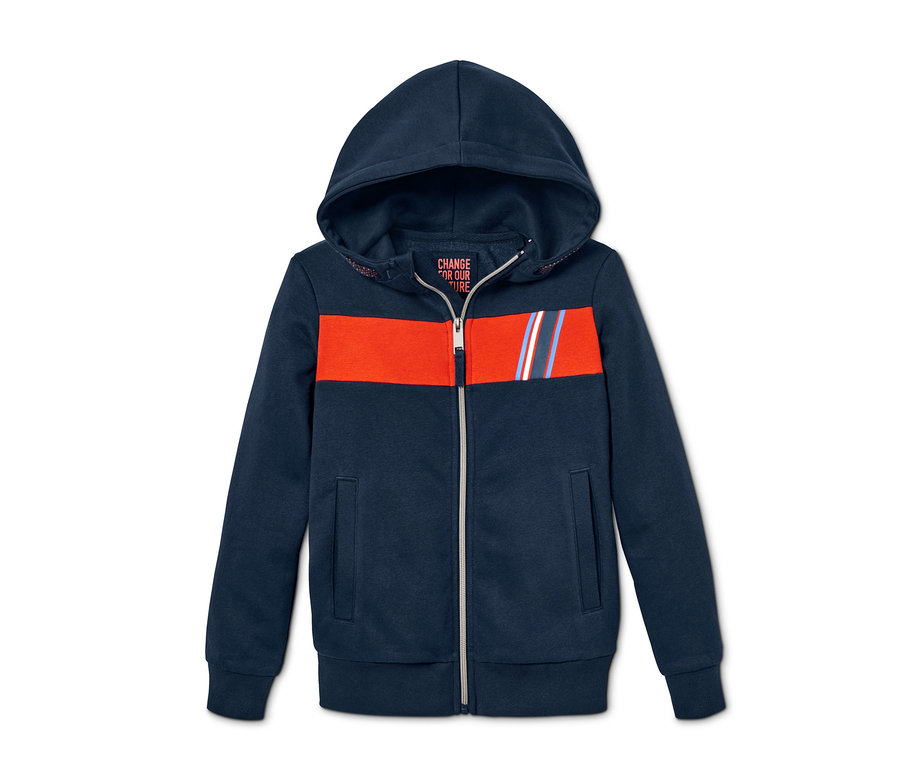 Marineblaue Sweatjacke mit Reissverschluss und Kapuze, mit orangefarbenem Streifen und Zierstreifen.