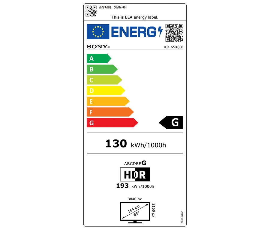 Energieetikett des Sony-Fernsehers KDX80JAEP, 65 Zoll.