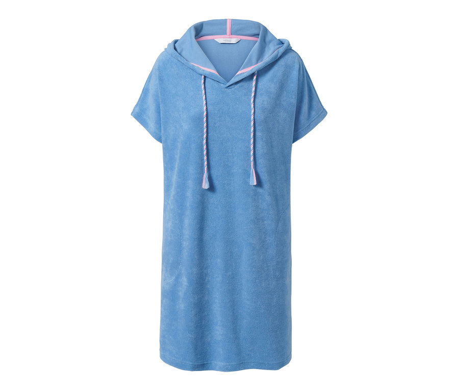 Ein hellblaues Frottee-Strandkleid mit Kapuze und Kordelzug.