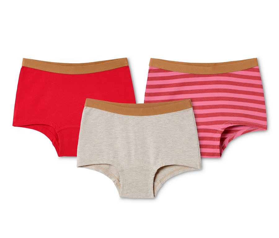 Drei Kinder-Pantys (3 Kinder-Pantys) in Rot, Grau und Rosa-Rot gestreift.