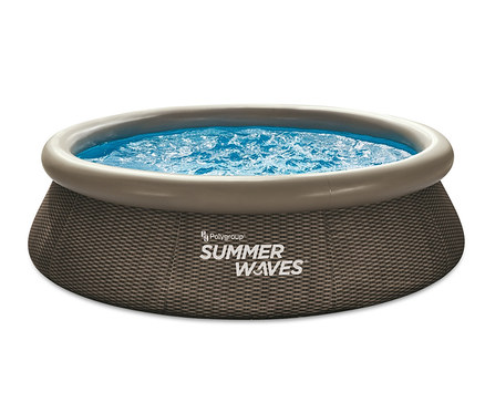 Summer Waves Rundpool, Rattan, ca. Ø 305 x 76 cm, gefüllt mit blauem Wasser.