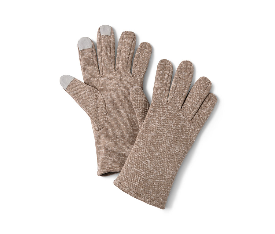 Zwei braune Strickfleece-Handschuhe.