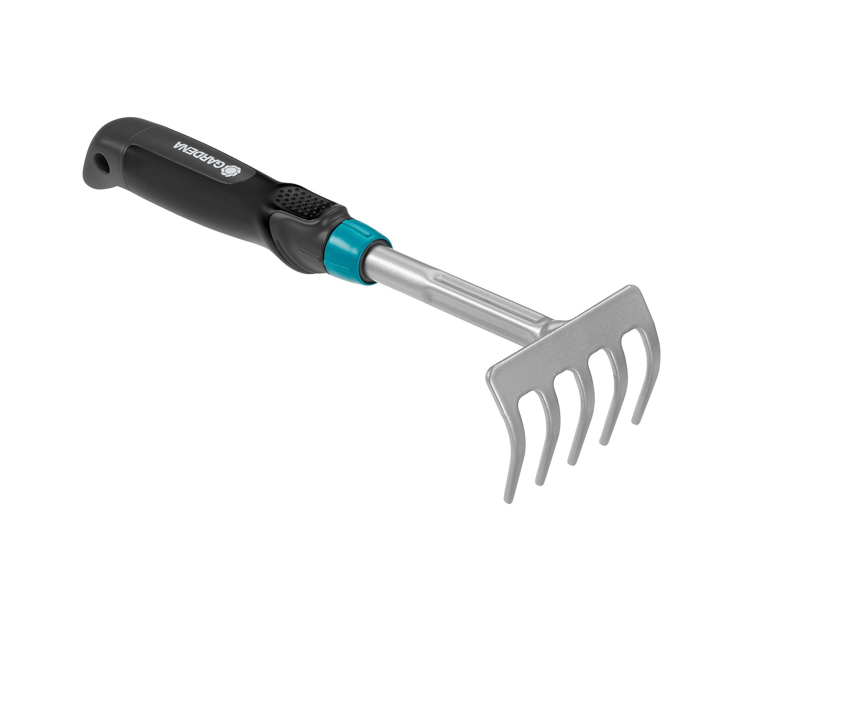 Nahaufnahme eines GARDENA Comfort »Blumenrechen« mit schwarzem Griff und silbernen Zinken.