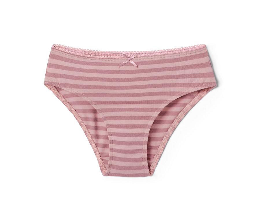Ein gestreifter Mädchenslip mit hellrosa Spitze und Schleife in der Mitte.
