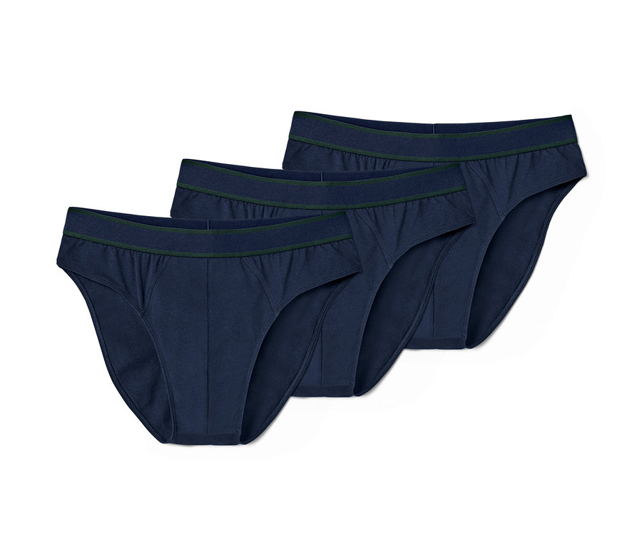 Drei blaue Herrenslips.