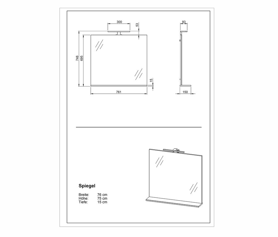Diagramme eines Spiegels mit Beleuchtung in verschiedenen Ansichten mit Abmessungen.