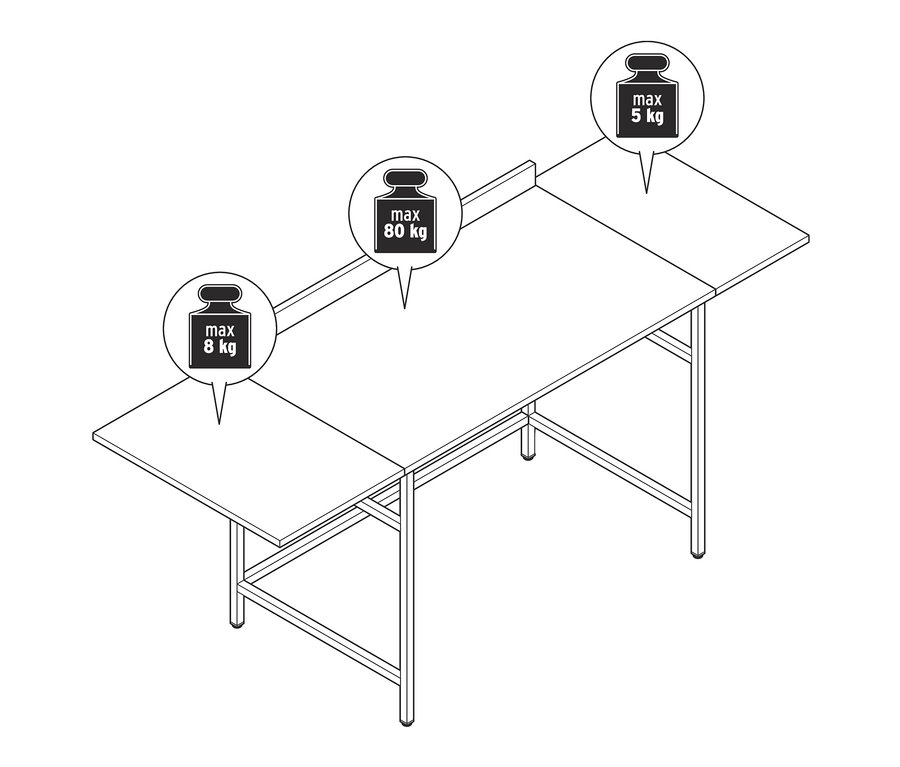 Erweiterbarer Schreibtisch aus Massivholz mit Markierungen für maximale Belastbarkeit.