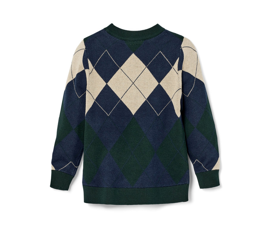 Kleinkinder-Strickpullover mit Rautenmuster in Blau, Grün und Beige.