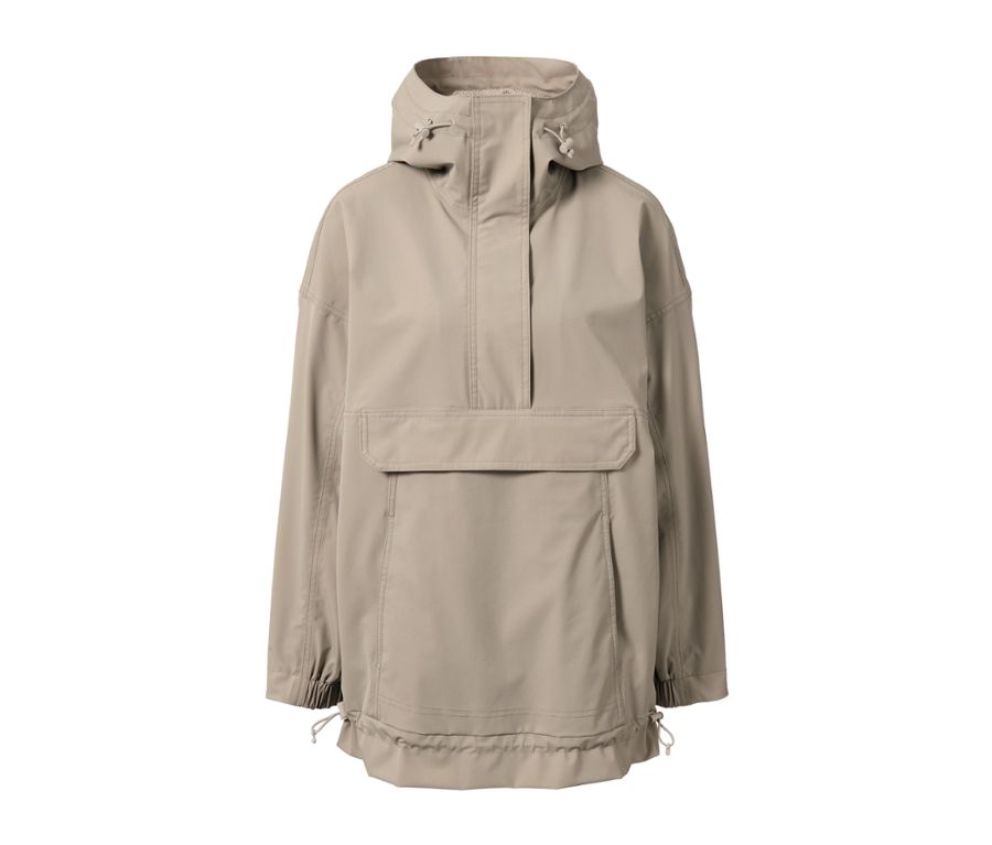 Beige Oversized-Funktionsregenjacke mit Kapuze und Brusttasche.