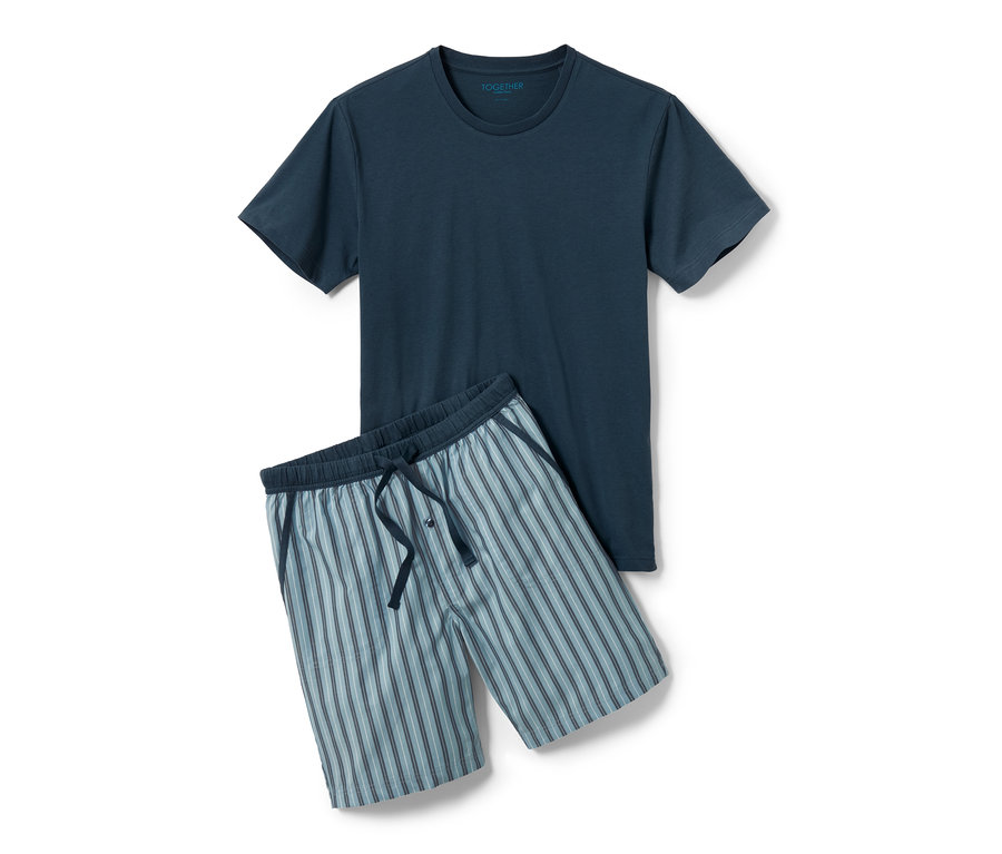 Marineblauer Shorty-Pyjama mit gestreifter Webhose.