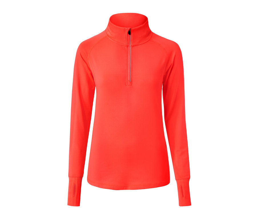 Neon-orangefarbenes Thermo-Funktionsshirt mit langen Ärmeln, Reißverschluss am Hals und Daumenlöchern.