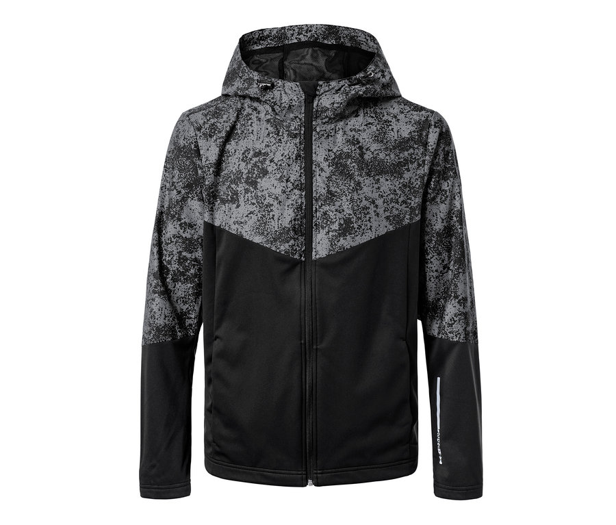 Eine schwarzgraue Softshelljacke mit Kapuze und dekorativen Reflektivelementen.