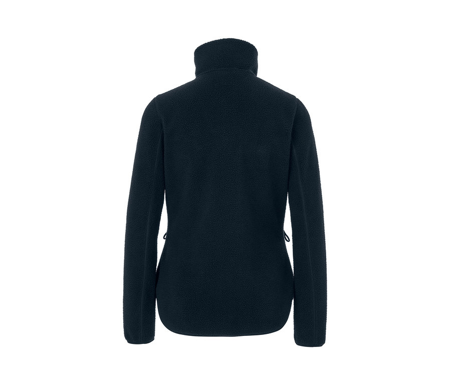 Dunkelblaue Teddyplüsch-Jacke mit hohem Kragen, von hinten gezeigt.