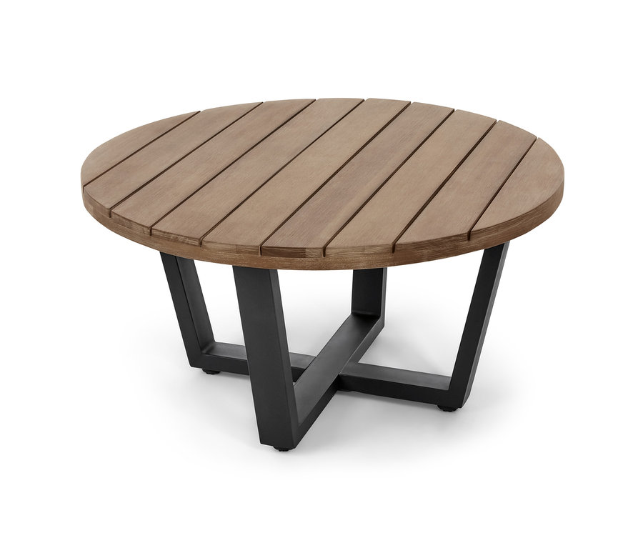 Runder Couchtisch aus dem Gartensofa-Set aus Textilgeflecht mit brauner Lamellenplatte und schwarzen Metallbeinen.