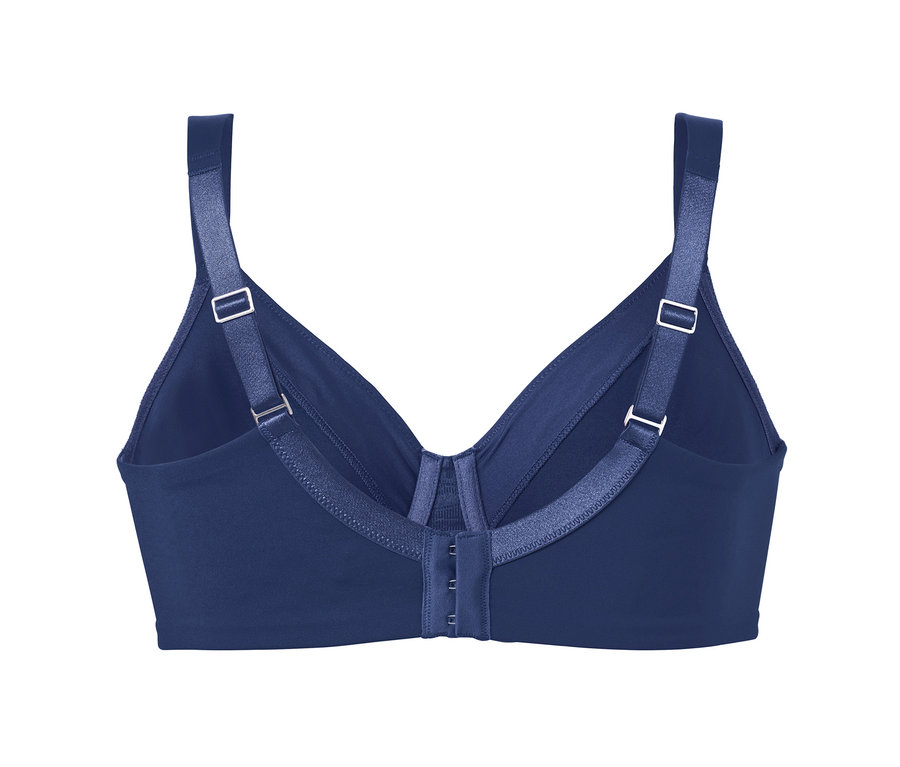 Detailansicht von Rückseite eines marineblauen Minimizer-BHs.