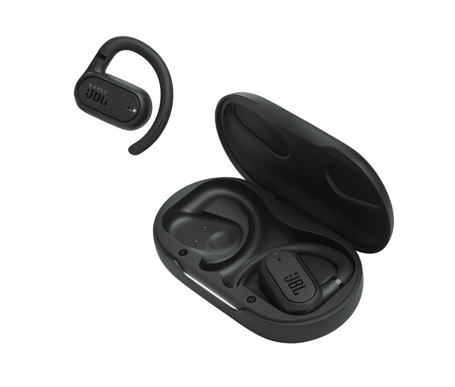 Schwarzer JBL Soundgear Sense und schwarzes Ladecase.