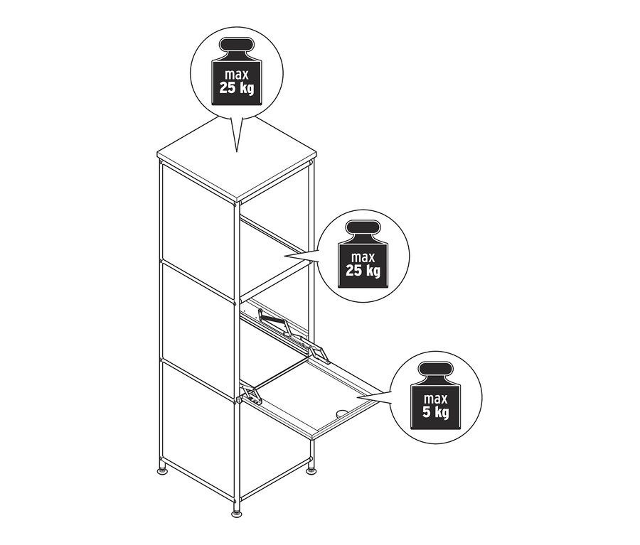 Zeichnung einer schmalen, weißen Metallkommode »CN3« mit Holzplatte und 2 Klappfächern.