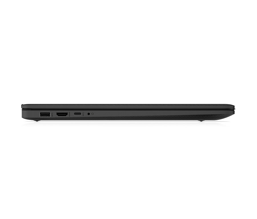 Seitenansicht eines schwarzen Notebooks. Zu sehen ist ein HP 17-cn0430ng Notebook, schwarz.